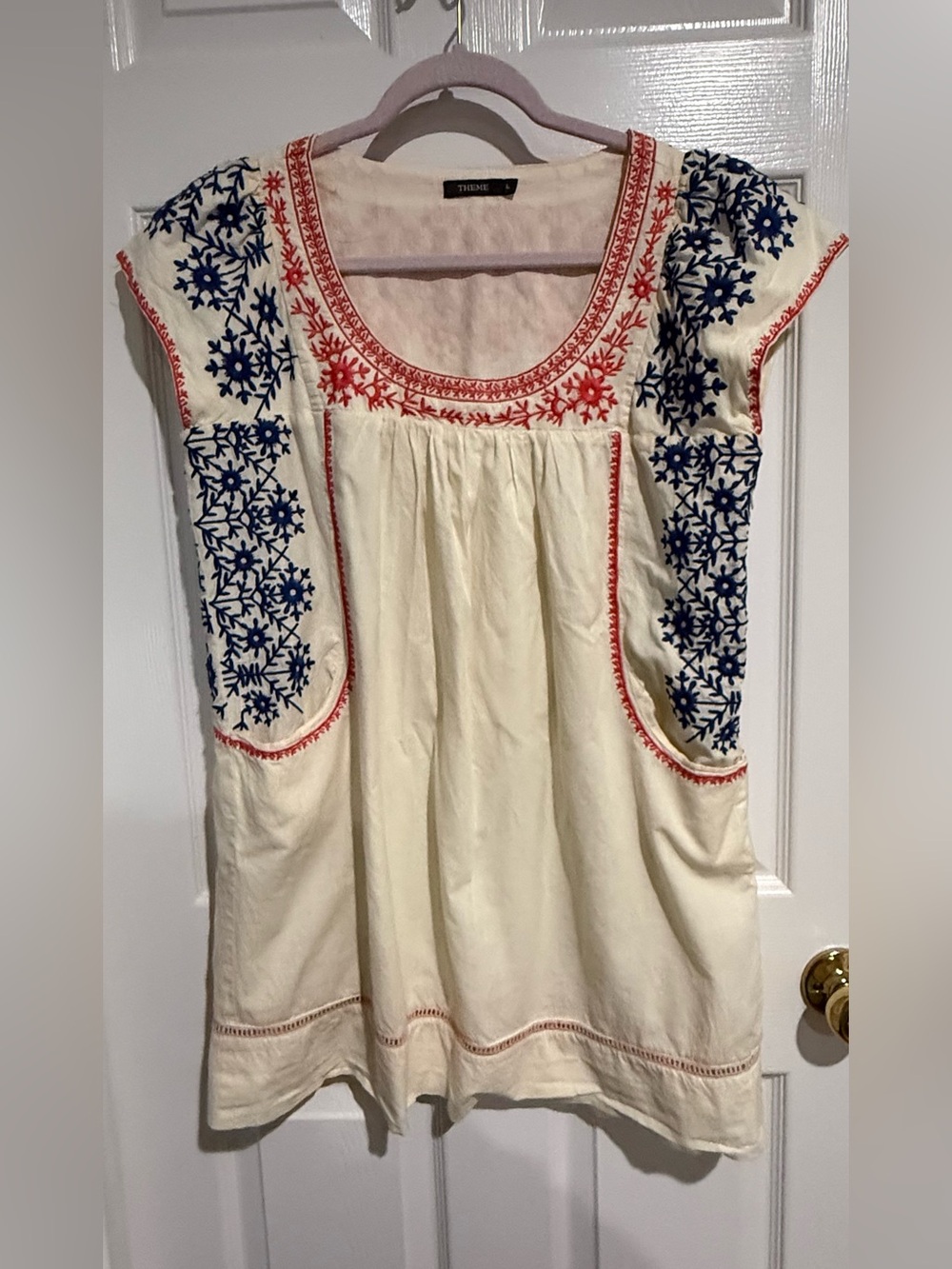 THEME Ivory Cotton Tunic with Navy & Red Embroidery